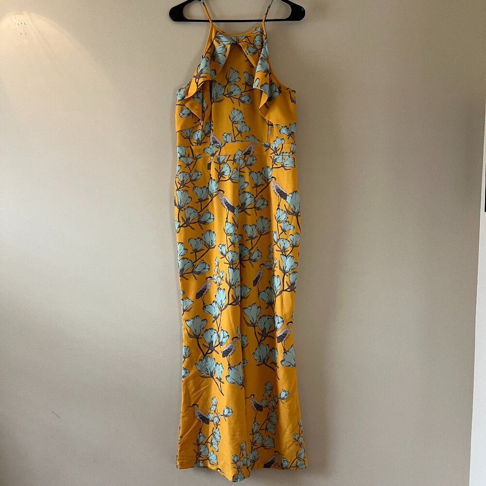 Petite Anthropologie Ruffled Yellow Crane and Floral Jumpsuit Size 10 P